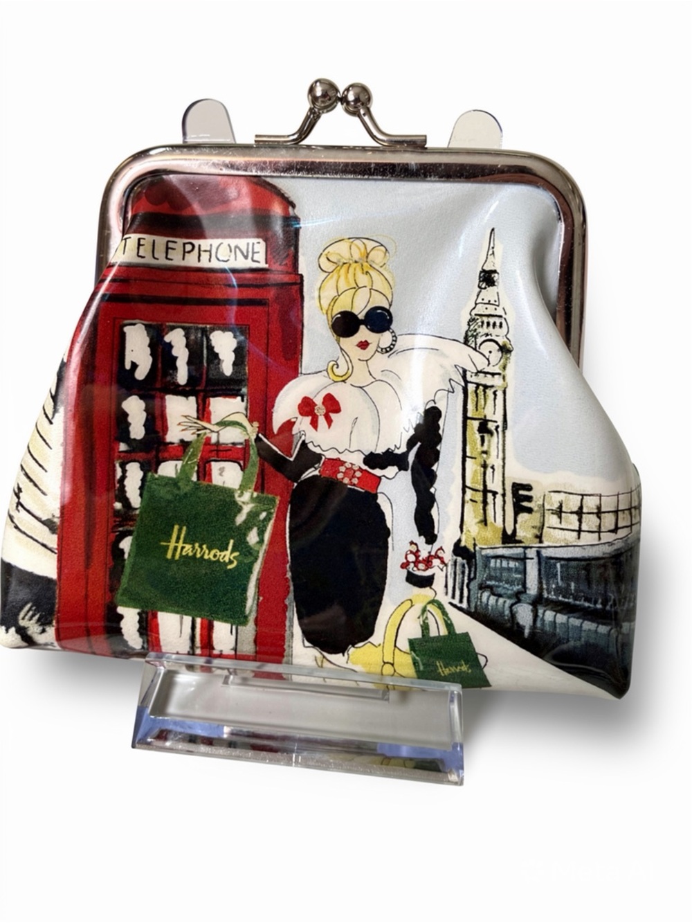 Harrods White London Illustration Kiss-Lock Coin Purse with Red Phone Box